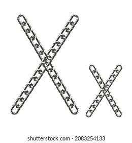 The uppercase and lowercase letter X is made of realistic metallic-colored chains. Isolated on a white background. Vector illustration.