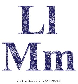 Uppercase and lowercase letters L and M of the English alphabet with winter pattern carved snowflakes, vector