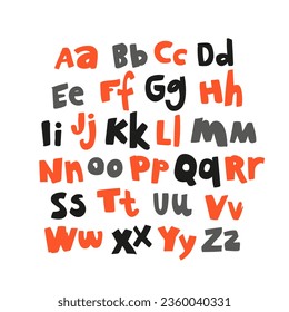 Uppercase and lowercase letters. Lettering. Latin alphabet. Fashionable modern children's playful font. The English alphabet, drawn by hand with a marker. Vector alphabet on a white background.