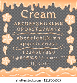 Uppercase and lowercase letters, numbers and symbols from cream with a frame from condensed milk. Font and frame aren't transparent. The background is transparent in EPS. Vector Illustration. EPS 10.