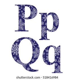 Uppercase and lowercase letters P and Q of the English alphabet with winter pattern carved snowflakes, vector