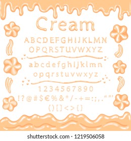 Uppercase and lowercase letters, symbols, numbers from caramel. Decorations at the edges with whipped cream. Sweet font and flowing cream. Color fill isn't the gradient. Vector illustration. EPS 8.