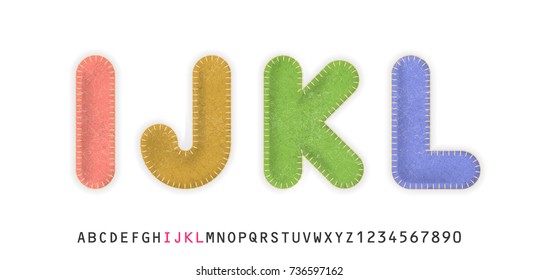 Uppercase realistic letters I, J, K, L made of color felt fabric. For festive cute design.