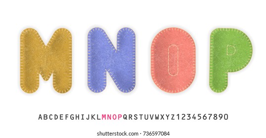 Uppercase realistic letters M, N, O, P made of color felt fabric. For festive cute design.