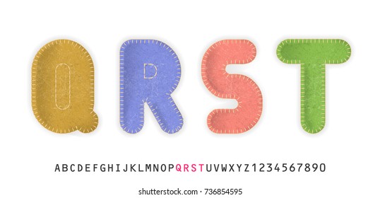 Uppercase realistic letters Q, R, S, T made of color felt fabric. For festive cute design.