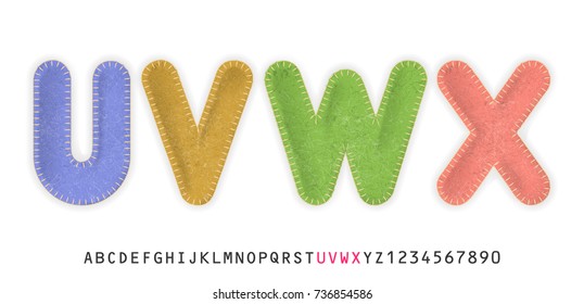 Uppercase realistic letters U, V, W, X made of color felt fabric. For festive cute design.