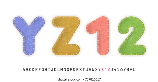 Uppercase realistic letters Y, Z and numbers 1, 2 made of color felt fabric. For festive cute design.