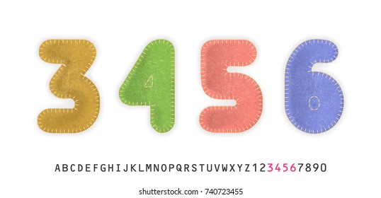 Uppercase realistic numbers 3, 4, 5, 6 made of color felt fabric. For festive cute design.
