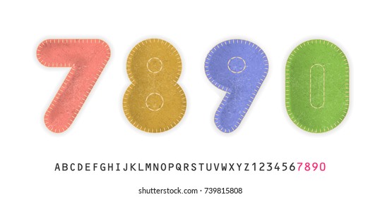 Uppercase realistic numbers 7, 8, 9, 0 made of color felt fabric. For festive cute design.