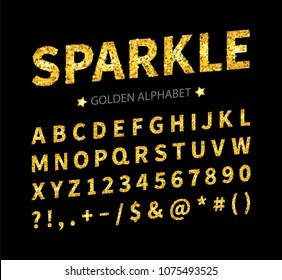 Uppercase regular display font include letters, numbers, punctuation. Glitter gold alphabet with stars for title, header, lettering, poster, greeting card, invitation, banner. Vector illustration.