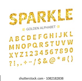Uppercase regular display font include letters, numbers, punctuation. Glitter gold alphabet with stars for title, header, lettering, poster, greeting card, invitation, banner. Vector illustration.