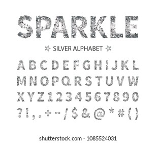 Uppercase regular display font include letters, numbers, punctuation. Glitter silver alphabet with stars for title, header, lettering, poster, greeting card, invitation, banner. Vector illustration.