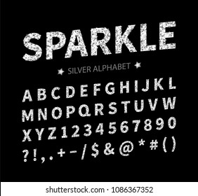 Uppercase regular display font include letters, numbers, punctuation. Glitter silver alphabet with stars for title, header, lettering, poster, greeting card, invitation, banner. Vector illustration.
