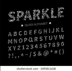 Uppercase regular display font include letters, numbers, punctuation. Glitter silver alphabet with stars for title, header, lettering, poster, greeting card, invitation, banner. Vector illustration.