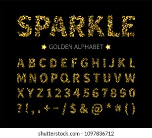 Uppercase regular display font include letters, numbers, punctuation. Glitter gold alphabet with stars for title, header, lettering, poster, greeting card, invitation, banner. Vector illustration.