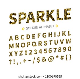 Uppercase regular display font include letters, numbers, punctuation. Glitter gold alphabet with stars for title, header, lettering, poster, greeting card, invitation, banner. Vector illustration.