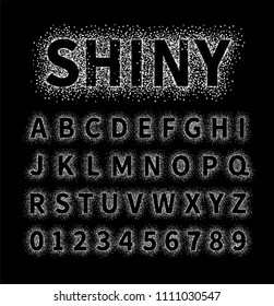 Uppercase regular display font include letters and numbers. Glitter confetti alphabet with silver dust for title, header, lettering, poster, greeting card, invitation, banner. Vector illustration.