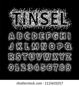 Uppercase regular display font include letters and numbers. Glitter confetti alphabet with silver dust for title, header, lettering, poster, greeting card, invitation, banner. Vector illustration.