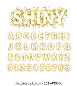 Uppercase regular display font include letters and numbers. Glitter confetti alphabet with gold dust for title, header, lettering, poster, greeting card, invitation, banner. Vector illustration.