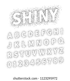 Uppercase regular display font include letters and numbers. Glitter confetti alphabet with silver dust for title, header, lettering, poster, greeting card, invitation, banner. Vector illustration.