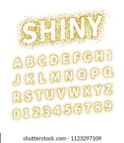 Uppercase regular display font include letters and numbers. Glitter confetti alphabet with gold dust for title, header, lettering, poster, greeting card, invitation, banner. Vector illustration.