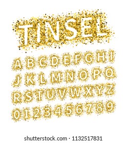 Uppercase regular display font include letters and numbers. Glitter confetti alphabet with gold dust for title, header, lettering, poster, greeting card, invitation, banner. Vector illustration.