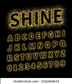 Uppercase regular display font include letters and numbers. Glitter confetti alphabet with gold dust for title, header, lettering, poster, greeting card, invitation, banner. Vector illustration.