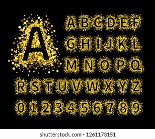 Uppercase regular display font include letters and numbers. Glitter confetti alphabet with gold dust for title, header, lettering, poster, greeting card, invitation, banner. Vector illustration.