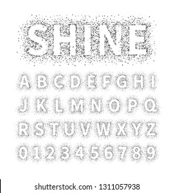 Uppercase regular display font include letters and numbers. Glitter confetti alphabet with silver dust for title, header, lettering, poster, greeting card, invitation, banner. Vector illustration.