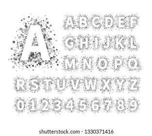 Uppercase regular display font include letters and numbers. Glitter confetti alphabet with silver dust for title, header, lettering, poster, greeting card, invitation, banner. Vector illustration.