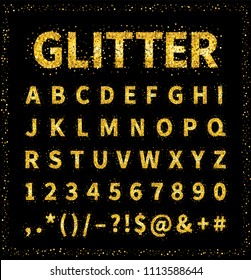 Uppercase regular display font with letters, punctuation, numbers. Glitter confetti alphabet with gold dust for title, header, lettering, poster, greeting card, invitation, banner. Vector illustration