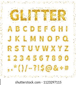 Uppercase regular display font with letters, punctuation, numbers. Glitter confetti alphabet with gold dust for title, header, lettering, poster, greeting card, invitation, banner. Vector illustration