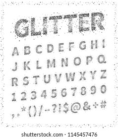 Uppercase regular display font with letters, punctuation, numbers. Glitter confetti alphabet. Silver dust for title, header, lettering, poster, greeting card, invitation, banner. Vector illustration.