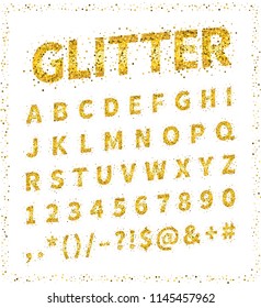 Uppercase regular display font with letters, punctuation, numbers. Glitter confetti alphabet with gold dust for title, header, lettering, poster, greeting card, invitation, banner. Vector illustration