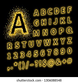 Uppercase regular display font with letters, punctuation, numbers. Glitter confetti alphabet with gold dust for title, header, lettering, poster, greeting card, invitation, banner. Vector illustration
