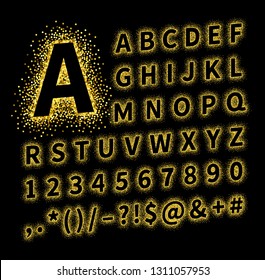 Uppercase regular display font with letters, punctuation, numbers. Glitter confetti alphabet with gold dust for title, header, lettering, poster, greeting card, invitation, banner. Vector illustration