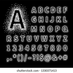 Uppercase regular display font with letters, punctuation, numbers. Glitter confetti alphabet. Silver dust for title, header, lettering, poster, greeting card, invitation, banner. Vector illustration.