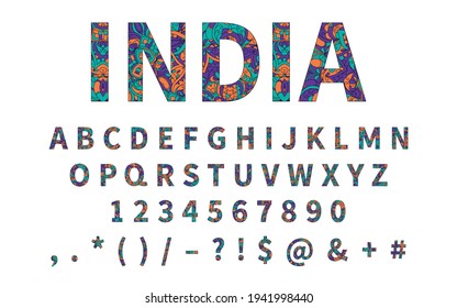 Uppercase regular display font with letters, punctuation, numbers. Ethnic colored ornament alphabet for title, header, lettering, poster, greeting card, invitation, banner. Vector illustration.