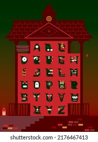 Uppercase typography alphabet with Halloween theme. Hand-drawn typeface vector design. Each letter is decorated with cute little monster face. Highly legible, use as a complete word or as an initial.