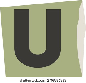 U mayúscula en un bloque de papel desgarrado, trazo sans-serif grueso y sombreado plano. Glifo monograma en hoja rasgada con peso de tipo pesado y borde geométrico. Ilustración vectorial de dibujos animados
