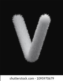 Uppercase V fluffy and furry letter, font made of fur texture for poster printing, advertising, branding and graffiti art