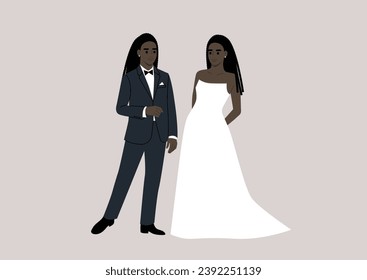 Una pareja de clase alta del mismo sexo se mantiene unida durante su ceremonia de boda, adornada con un atuendo elegante y lujoso