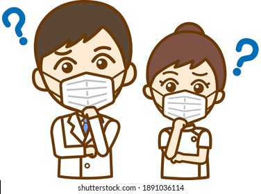 Upper-frontal body illustration of a questionable doctor's man and nurse's female wearing a mask
