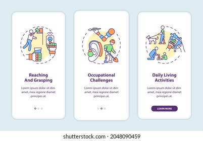 Upper-limb prostheses tasks onboarding mobile app page screen with concepts. Reaching, grasping walkthrough 3 steps graphic instructions. UI, UX, GUI vector template with linear color illustrations