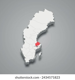 Uppsala county highlighted in red on a grey Sweden 3d map