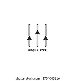 Plantilla de diseño de logotipo de Upqualizer. Combinación de flecha hacia arriba con el concepto de diseño de ecualizador. Aislado en blanco. Apto para la gestión empresarial, el desarrollo profesional, el apoyo a los equipos y otros proyectos conexos