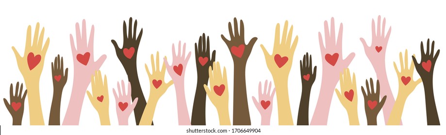 Upraised hands with open palms holding red hearts. A symbol of love, support, and care. Vector drawing.