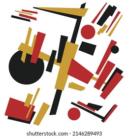 uprematist painting from primitive forms. Vector art work with geometric shapes. Suprematist artwork in red, yellow and black colors.