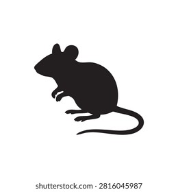 Upright black silhouette of mouse icon. Featuring small rodent standing on hind legs, this vector graphic captures attentive pose. Ideal for pest control service branding, biology textbook diagrams, pet store marketing, or as unique design element in wildlife related digital or printed projects.