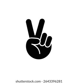 Upright black and white vector illustration of a hand giving the peace sign. Two fingers are up and two are down, set against a white background.